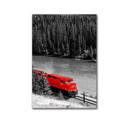 Rustic Red Train Snow Mountain Canvas Art