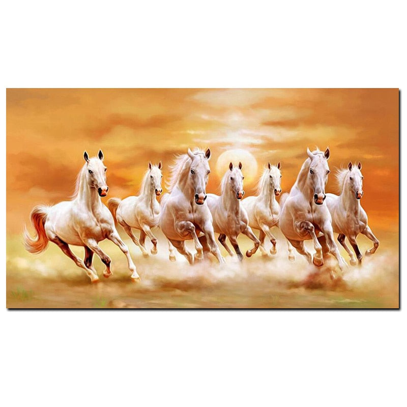 Seven Running White Horse Gold Wall Art Canvas