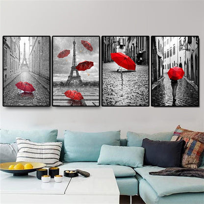 Black and White Eiffel Tower Red Umbrella Canvas Art