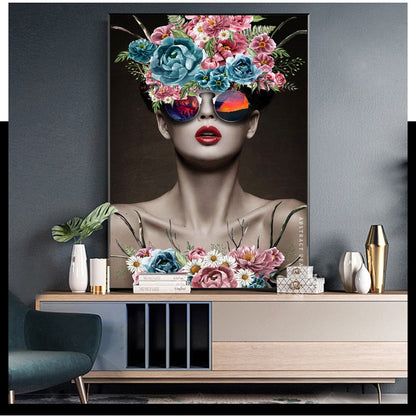 Modern Girl With Glasses Flowers Wall Art Canvas