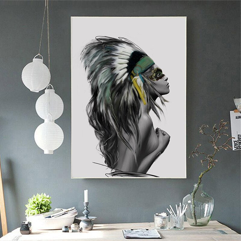 Black and White Native American Indian Woman Canvas Art