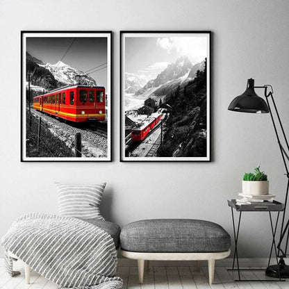 Rustic Red Train Snow Mountain Canvas Art