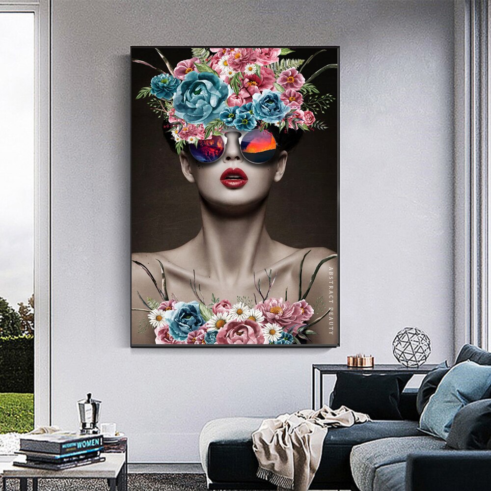 Modern Girl With Glasses Flowers Wall Art Canvas