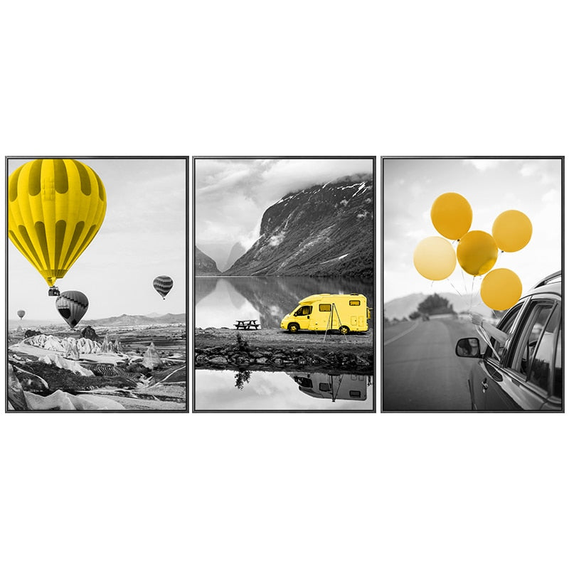 Black And White Yellow Hot Air Balloon Canvas Art