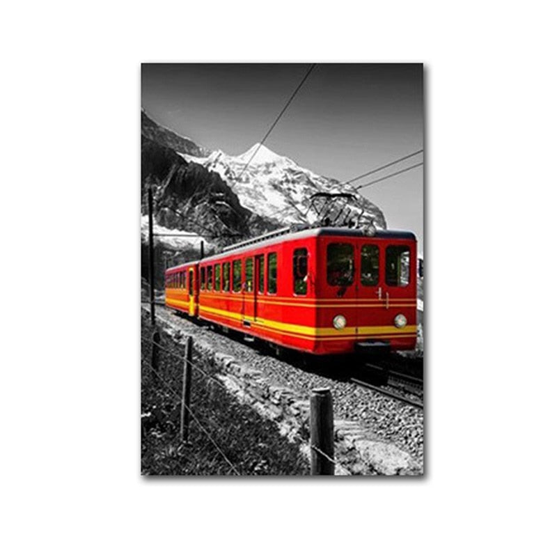 Rustic Red Train Snow Mountain Canvas Art