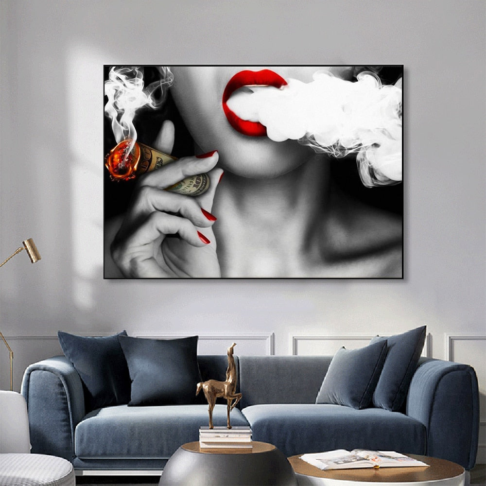 Sexy Girl Smoking A Cigar Canvas Art