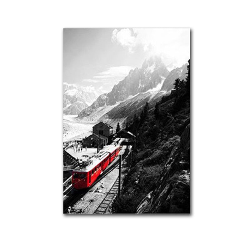 Rustic Red Train Snow Mountain Canvas Art