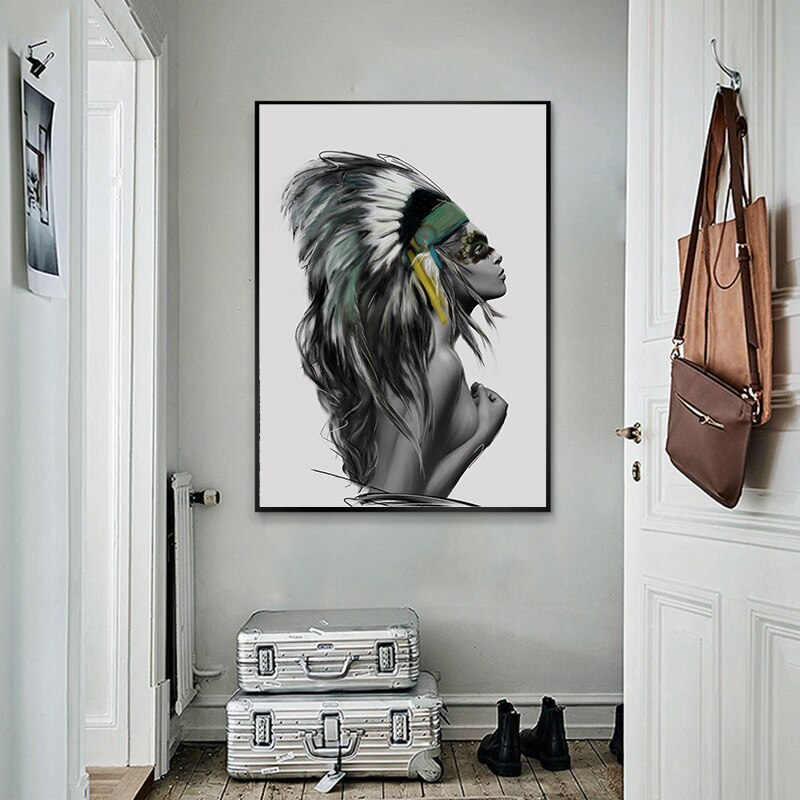 Black and White Native American Indian Woman Canvas Art