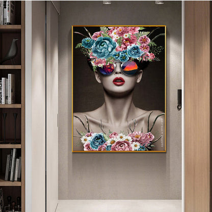 Modern Girl With Glasses Flowers Wall Art Canvas