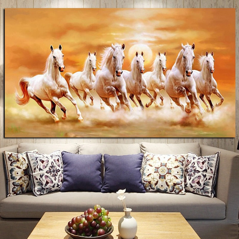 Seven Running White Horse Gold Wall Art Canvas