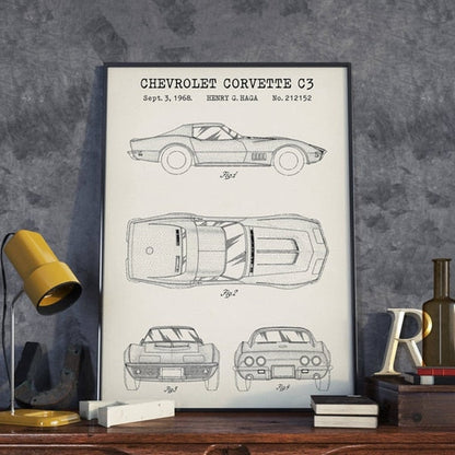 Chevrolet Corvette C3 Blueprint Car Canvas Art