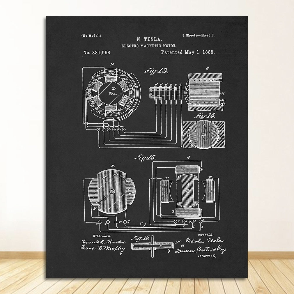 Nikola Tesla Motor Patent Blueprint Canvas Art