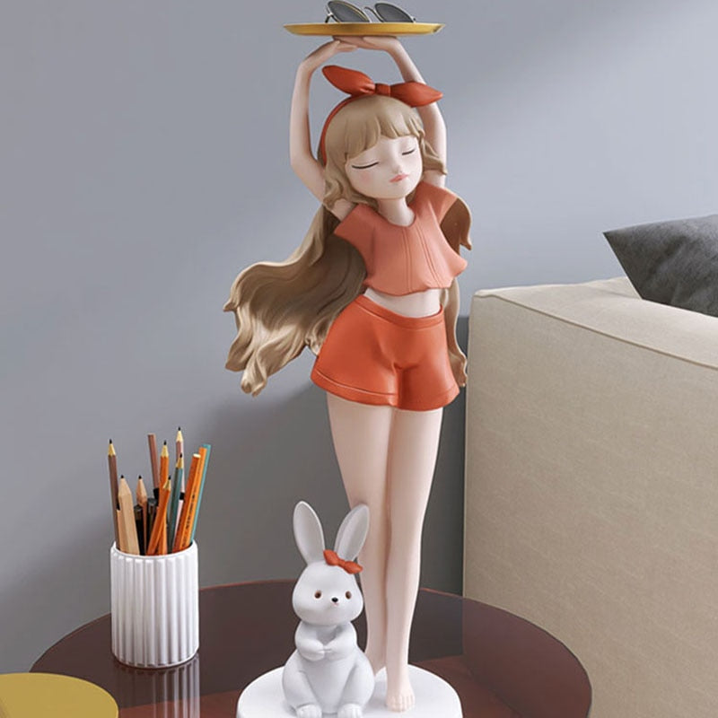 Girl with Long Hair Bunny Tray Small Statue