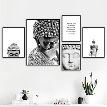 Black White Sakyamuni Buddha Statue Quotes Canvas Art