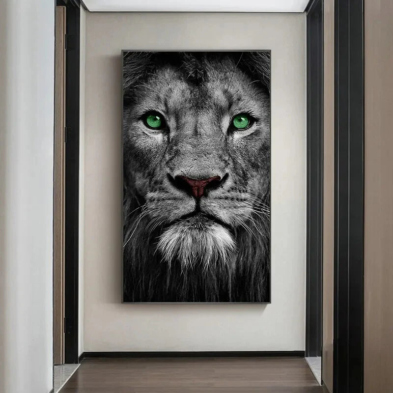 Black And White Green Eyes Lion Wall Art Canvas