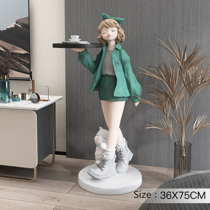 Girl in Boots Cat Big Statue with Tray