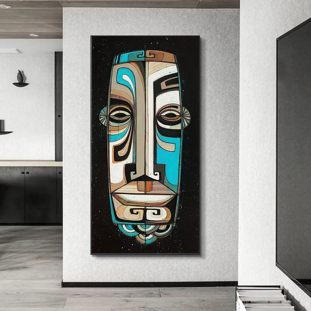 Abstract Black Blue Tiki Mask Wall Art Canvas