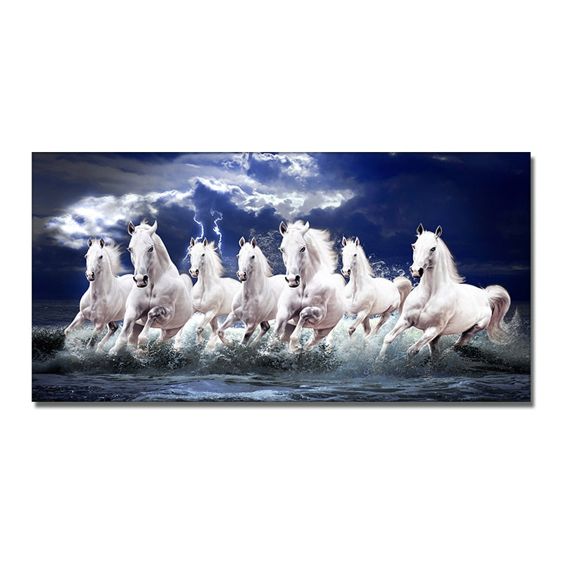 Seven Running White Horse Gold Wall Art Canvas