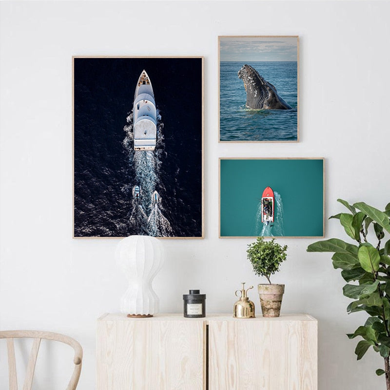 Deep Sea Whale Yacht Sea Canvas Art