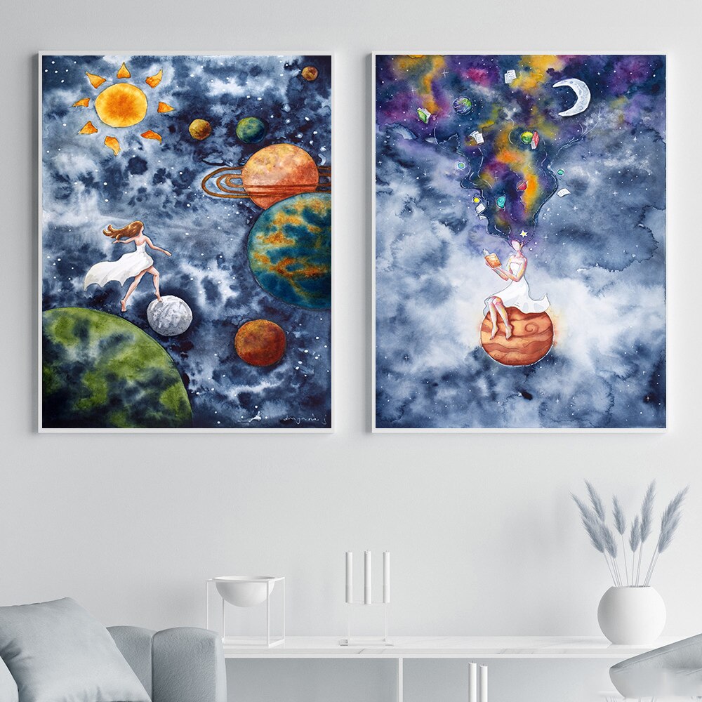 Solar System Watercolor Fantasy Planet Space Canvas Art