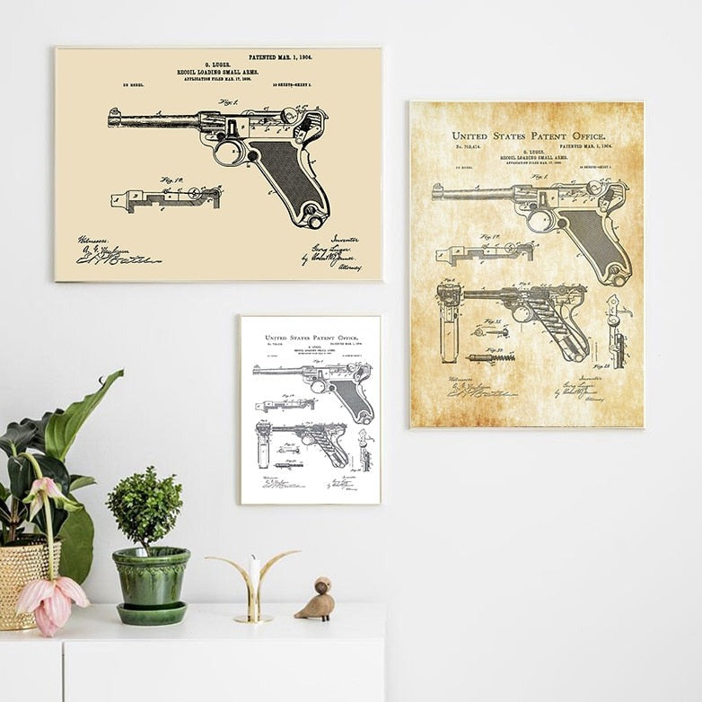 Gun Luger Pistol Patent Blueprint Canvas Art