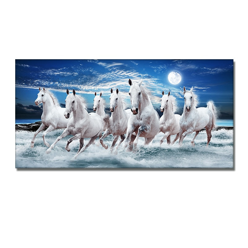 Seven Running White Horse Gold Wall Art Canvas