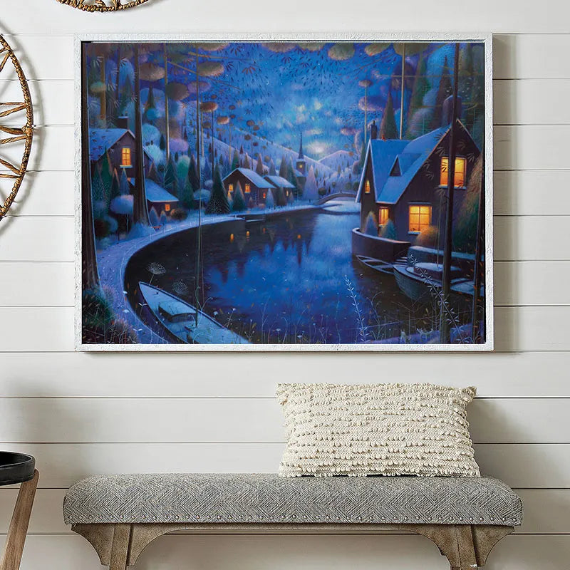 Lake Boat Night Winter Landscape Painting Canvas Art