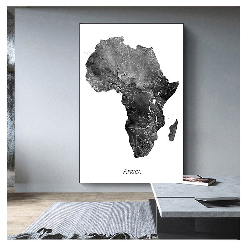 Gray Black and White Map of Africa Canvas Art