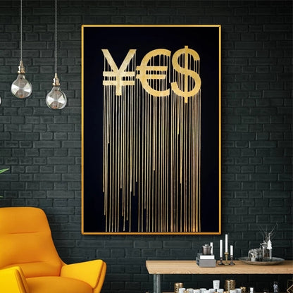 Golden Yen Euro and Dollar Abstract Canvas Art