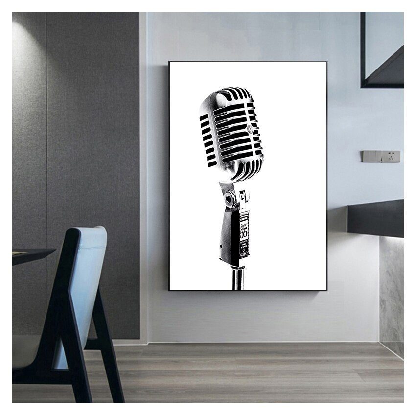 Black and White Microphone Canvas Art