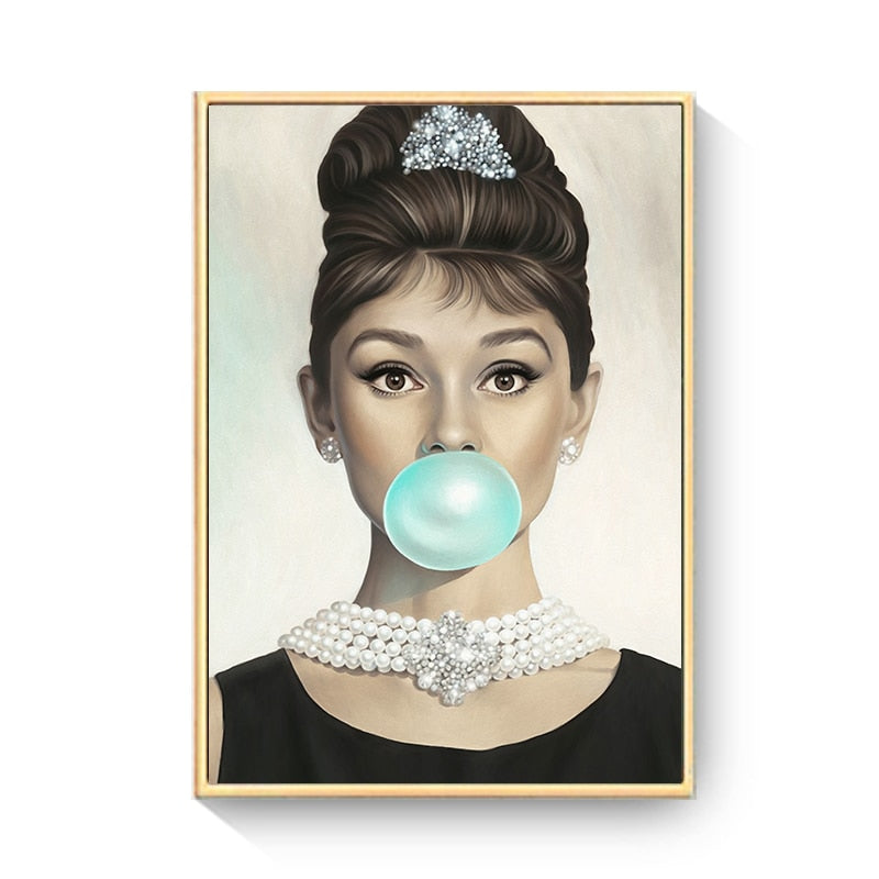 Audrey Hepburn Girl Pink Bubble Gum Stars Canvas Art