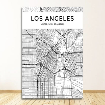 Black and White World City Map Wall Art Canvas