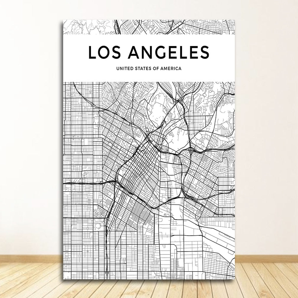 Black and White World City Map Wall Art Canvas