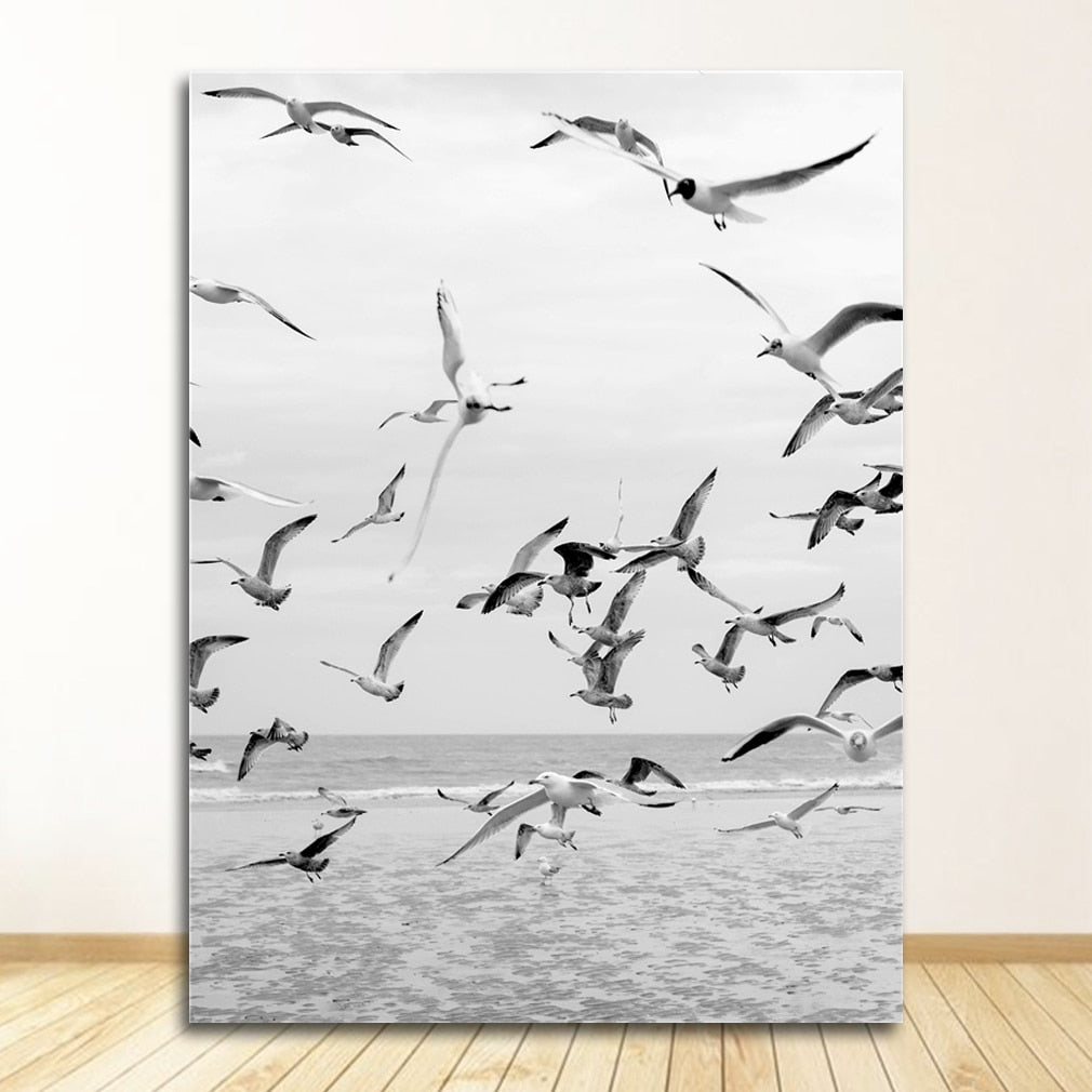 Black and White Ocean Surfing Coastal Beach Canvas Art