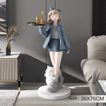 Girl in Boots Cat Big Statue with Tray