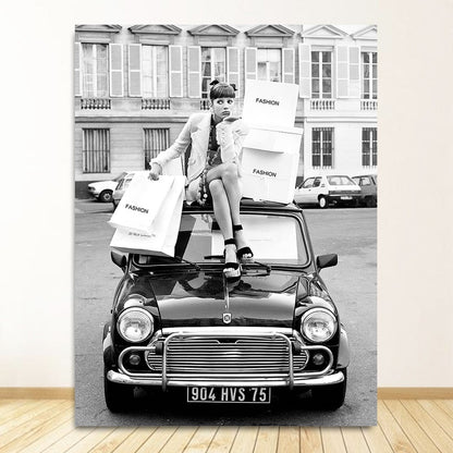 Black and White Vintage Retro Car Fashion Girl Canvas Art