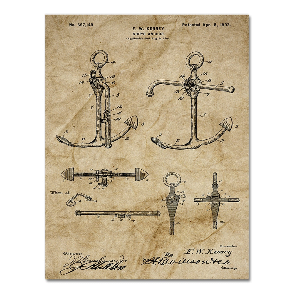 Sailboat Anchor Patent Blueprint Canvas Art