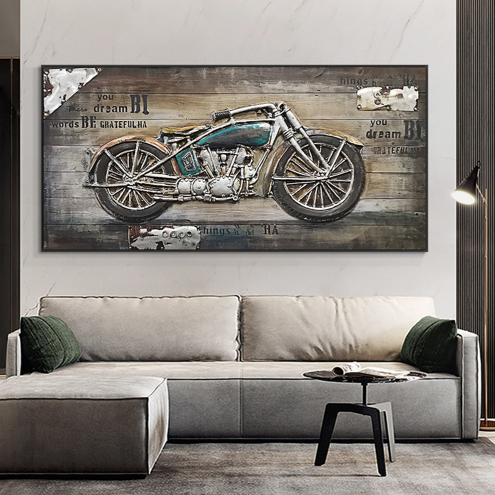 Retro Vintage Motorcycle Car Oil Painting Wall Art Canvas