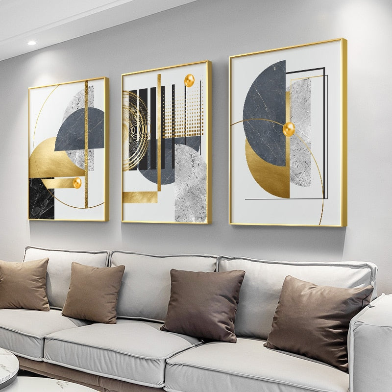 Golden Gray White Abstract Geometric Canvas Art