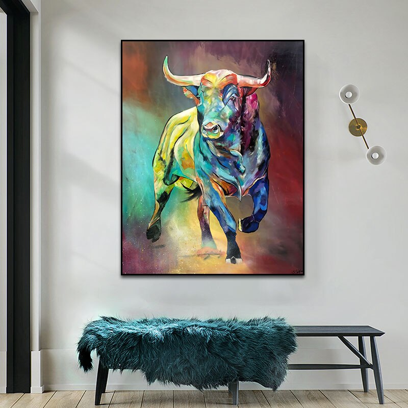 Abstract Colorful Bull Canvas Art