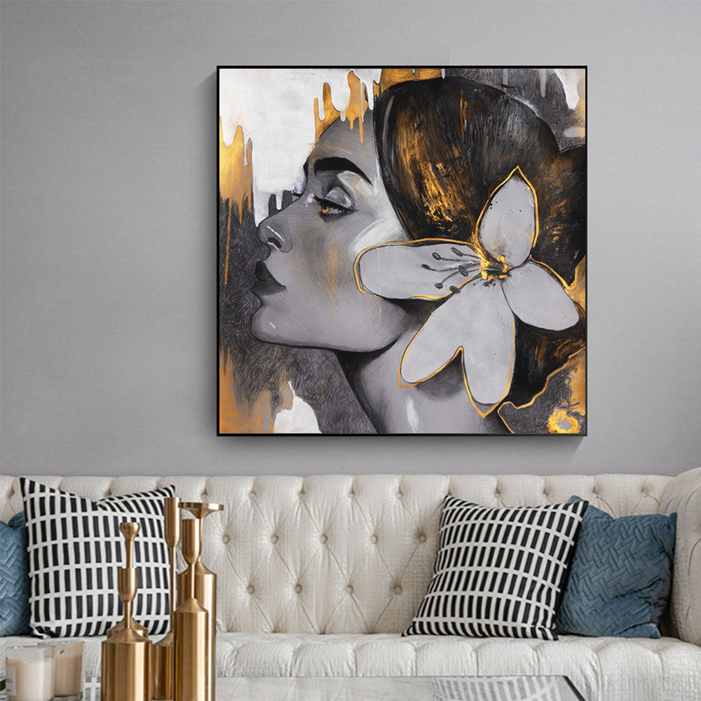 Abstract Golden Woman Face Canvas Art