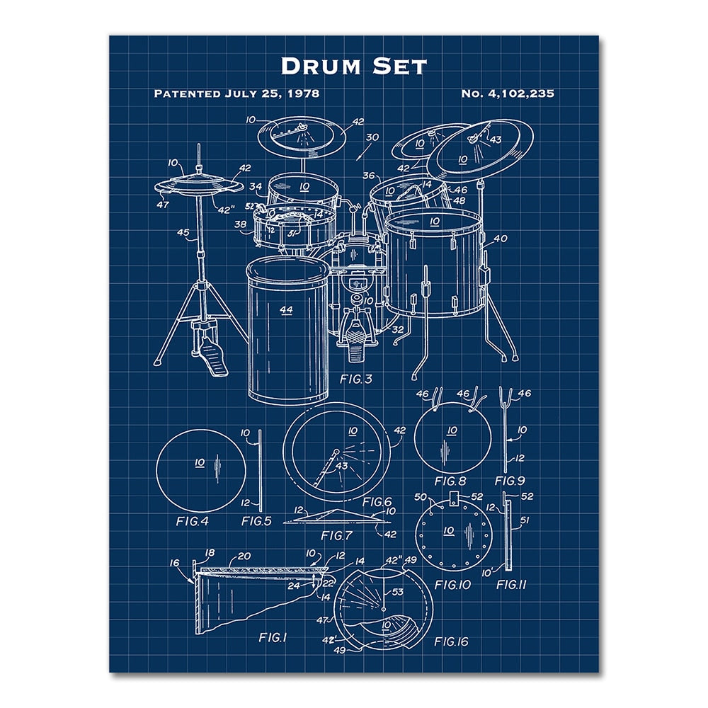 Drum Set Music Instrument Patent Blueprint Canvas Art