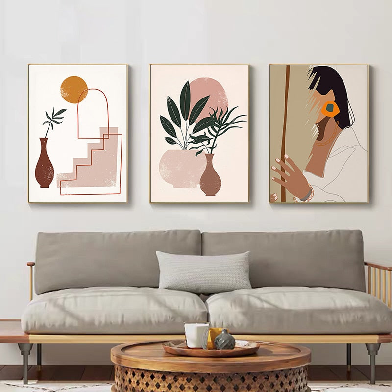 Abstract Vintage Girl Potted Plant Leaves Canvas Art