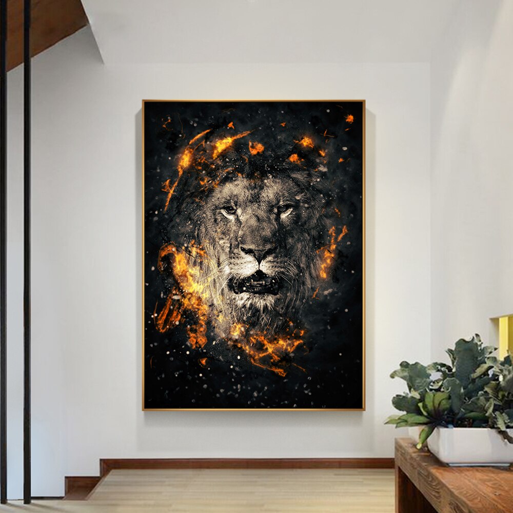 Lion Head with Fire Canvas Art