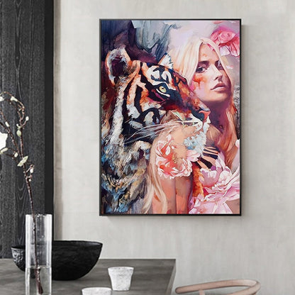 Woman with Tiger Floral Canvas Art