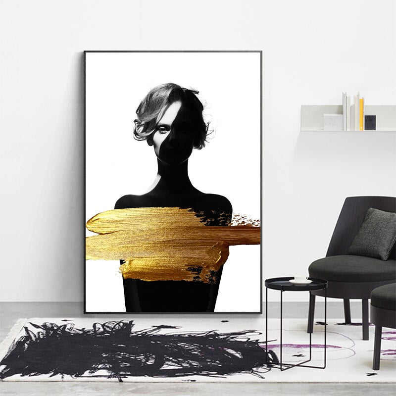 Black and White Woman Gold Paint Canvas Art