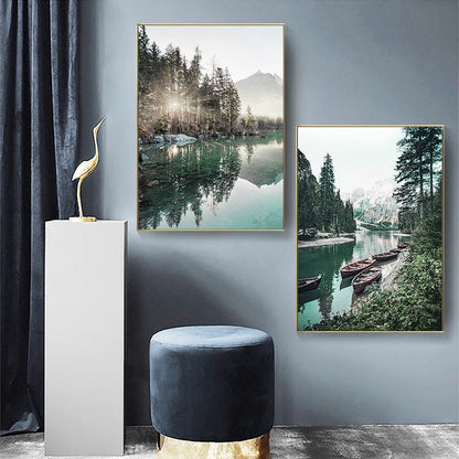 Scandinavian Mountain Lake Boat Canvas Art