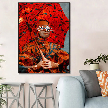 Red Umbrella African Woman Wall Art Canvas