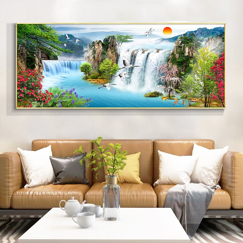 Waterfall Lake Bird Sunset Landscape Painting Canvas Art