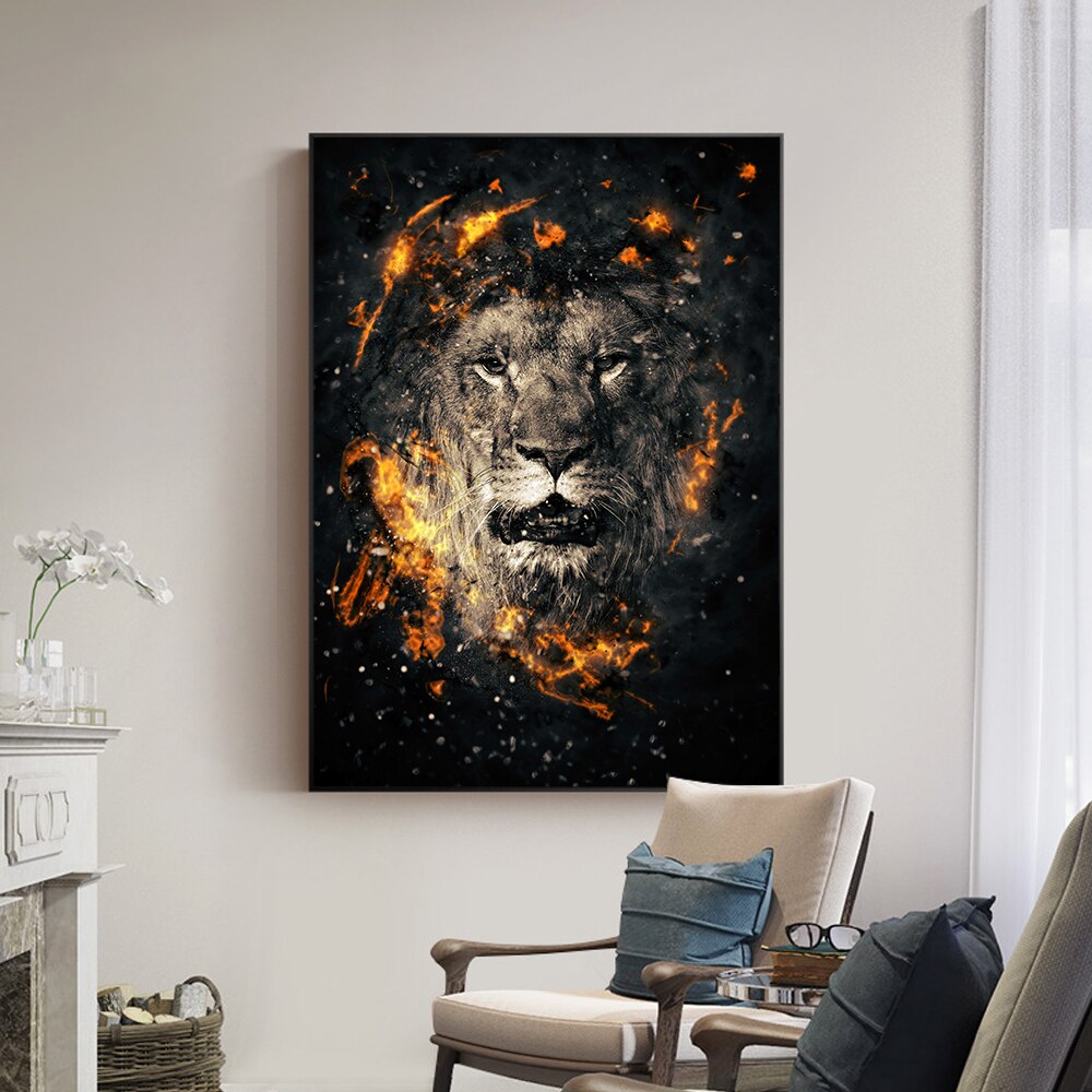 Lion Head with Fire Canvas Art